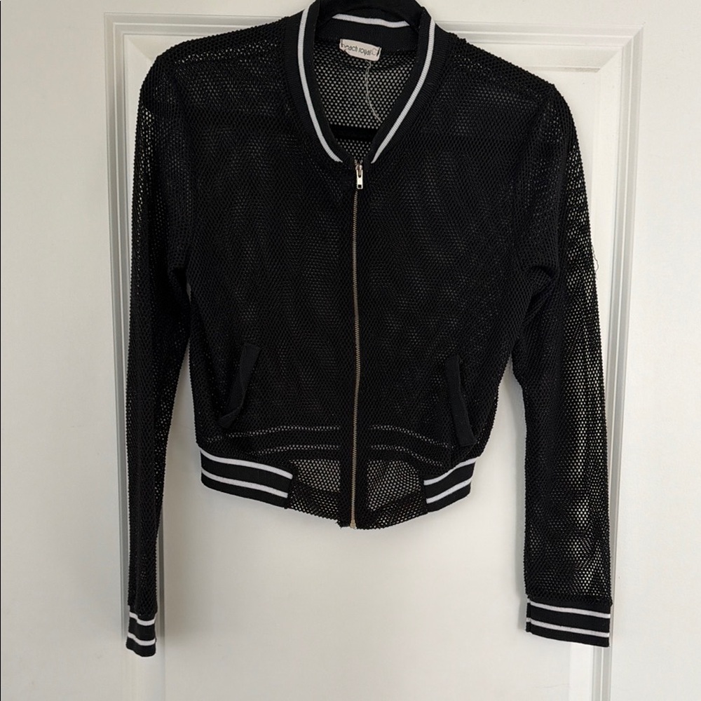 Black Mesh Beach Bomber Jacket Cover Up with Striped Trim